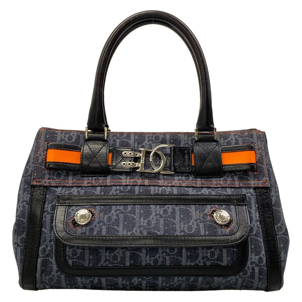 Christian Dior flight line Tote Bag Navy Dark Navy Orange Denim Leather